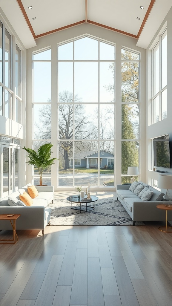 A luxury living room with large windows, high ceilings, and modern furniture, filled with natural light.