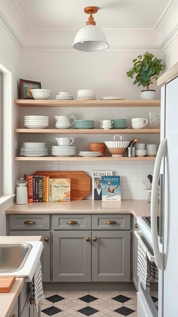 A small kitchen with open shelves displaying dishware and cookbooks