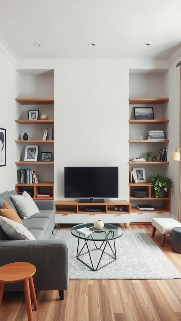 Cozy living room with built-in shelves displaying books and decor