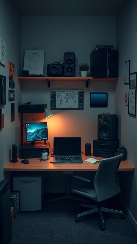 A compact home office setup featuring a wooden desk with a desktop computer, a laptop, speakers, and a cozy chair in a well-organized space.