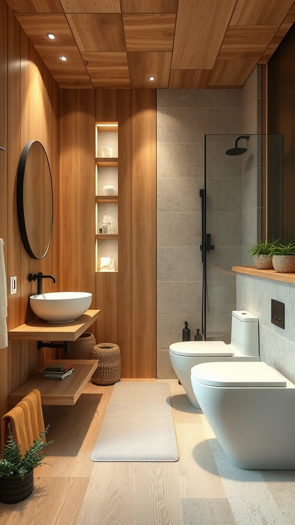 Modern bathroom with wooden panels, stone wall, and round mirror