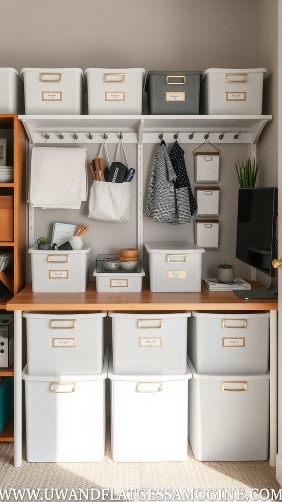 Organized small home office with shelves, storage bins, and a desk