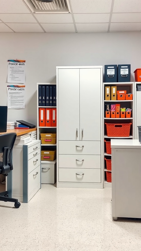 An organized office corner with storage cabinets, colorful boxes, and file holders.