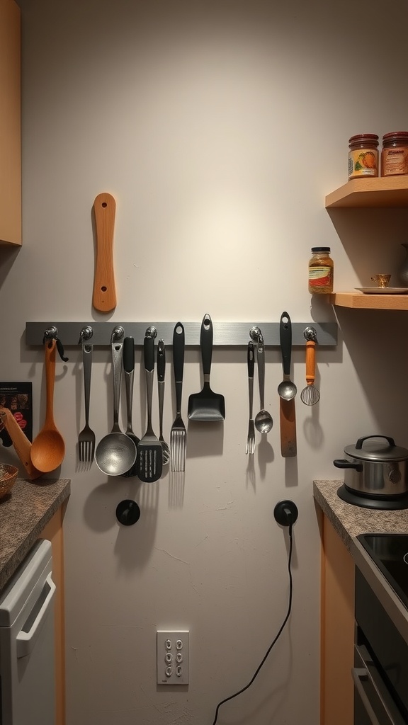 A small kitchen with a wall-mounted magnetic strip displaying various cooking utensils.