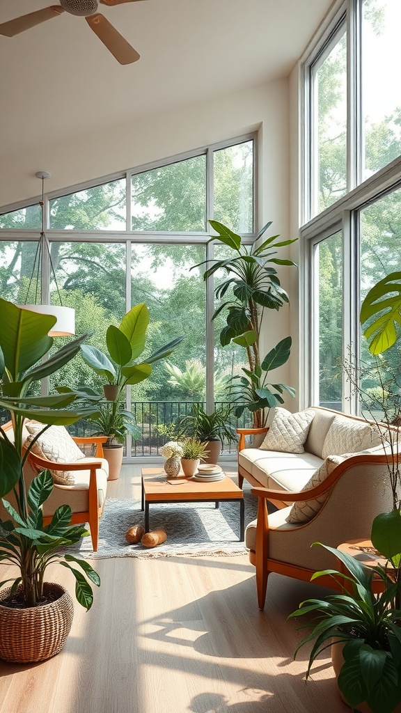 Bright living room with large windows, wooden furniture, and indoor plants.
