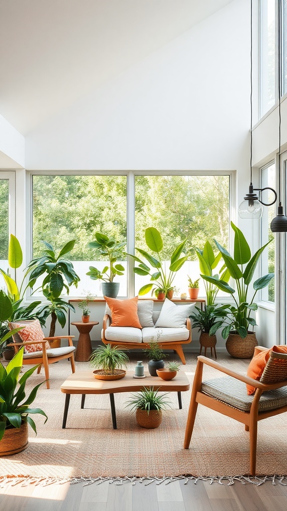 A bright living room with large windows, green plants, and orange accents on furniture.