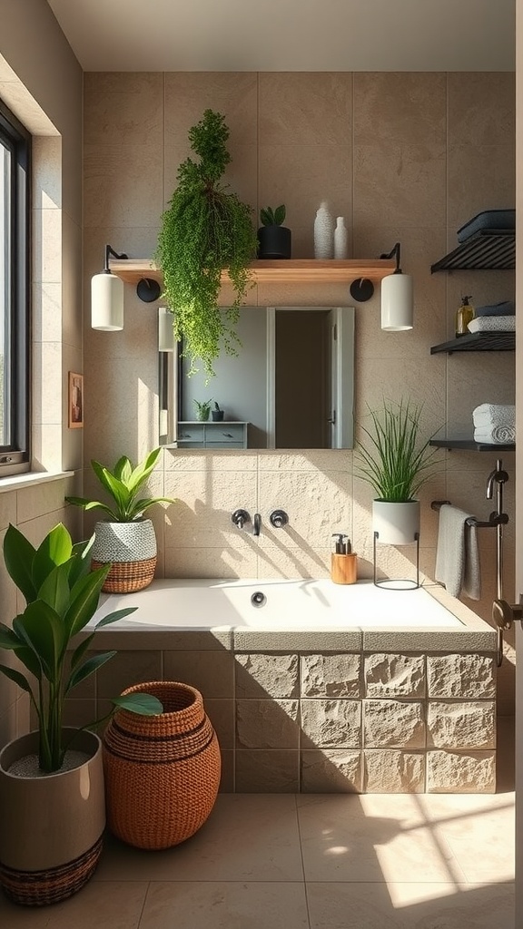 A modern bathroom featuring plants, stone elements, and natural light.