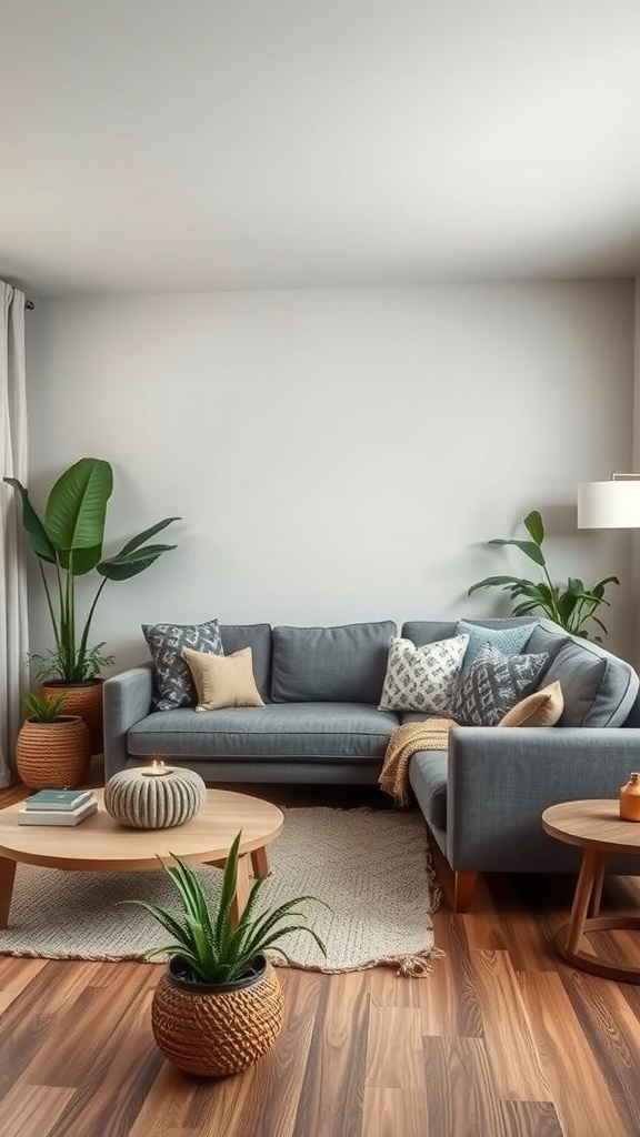 A cozy living room featuring a grey sofa, wooden coffee tables, and indoor plants.