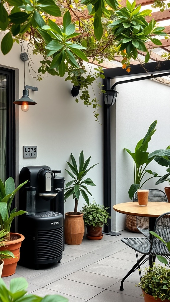 A cozy outdoor coffee bar featuring a Nespresso machine surrounded by greenery and a simple table.