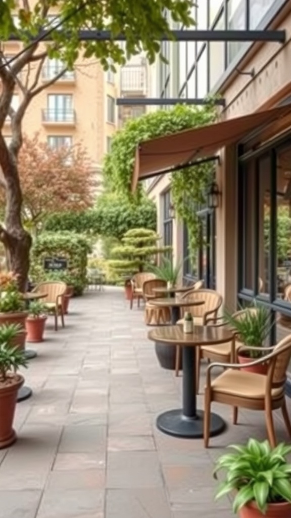 Charming outdoor coffee patio with plants and cozy seating