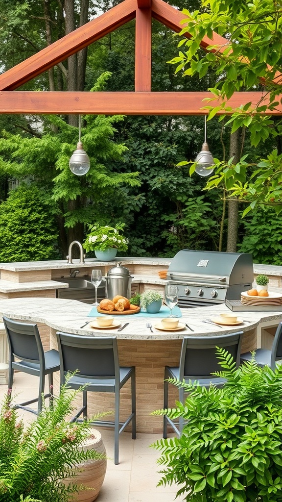 A stylish outdoor kitchen island with a grill, comfortable seating, and lush greenery surrounding it.