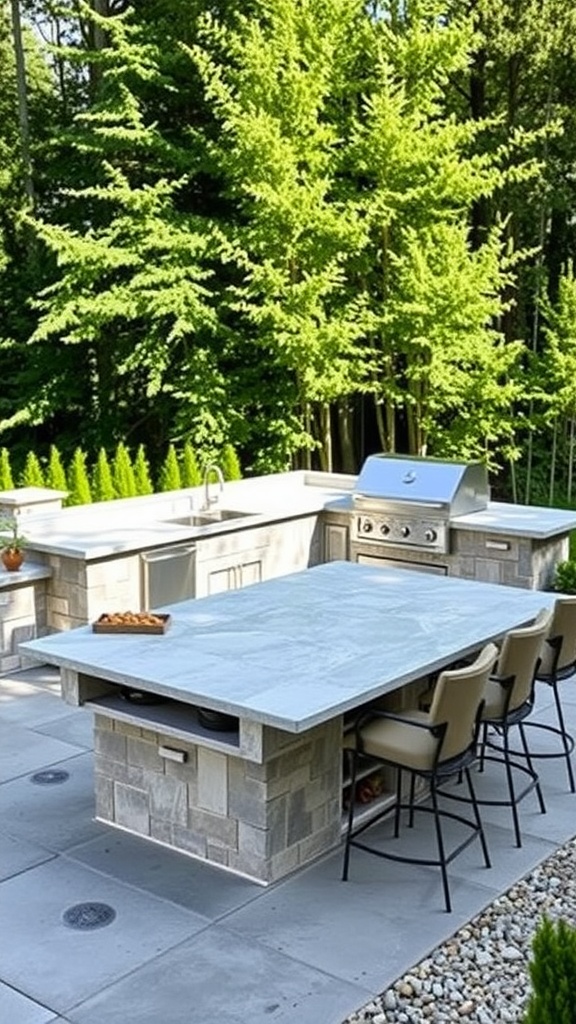 A modern outdoor kitchen island with a stone countertop, grill, and bar seating surrounded by greenery.