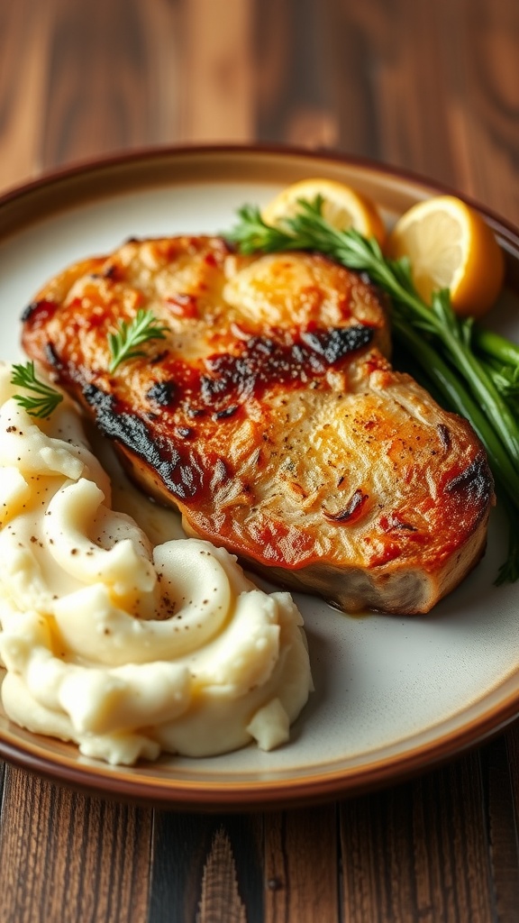 Oven-baked boneless pork chops with garlic mashed potatoes and lemon slices