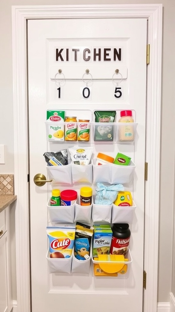 An over-the-door organizer on a kitchen door, filled with various pantry items and cleaning supplies.