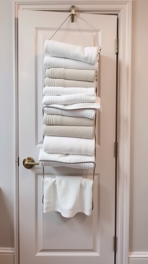 Over-the-door towel organizer with stacked towels and a hanging hand towel on a bathroom door.