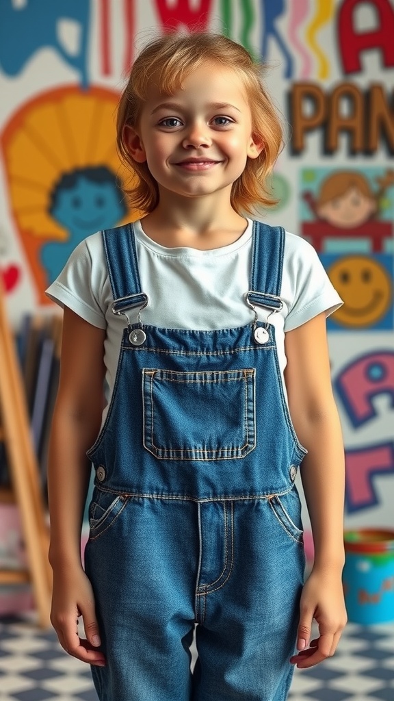 A child wearing denim overalls and a simple white t-shirt, smiling in front of a colorful background.
