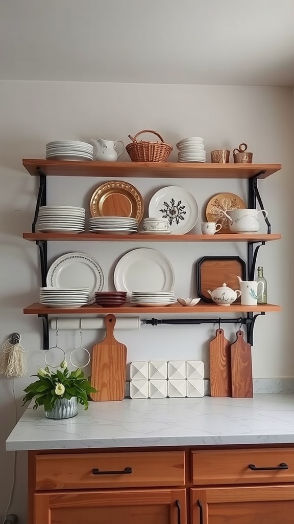 A cozy small kitchen with wooden overhead shelving units displaying plates and kitchen tools.