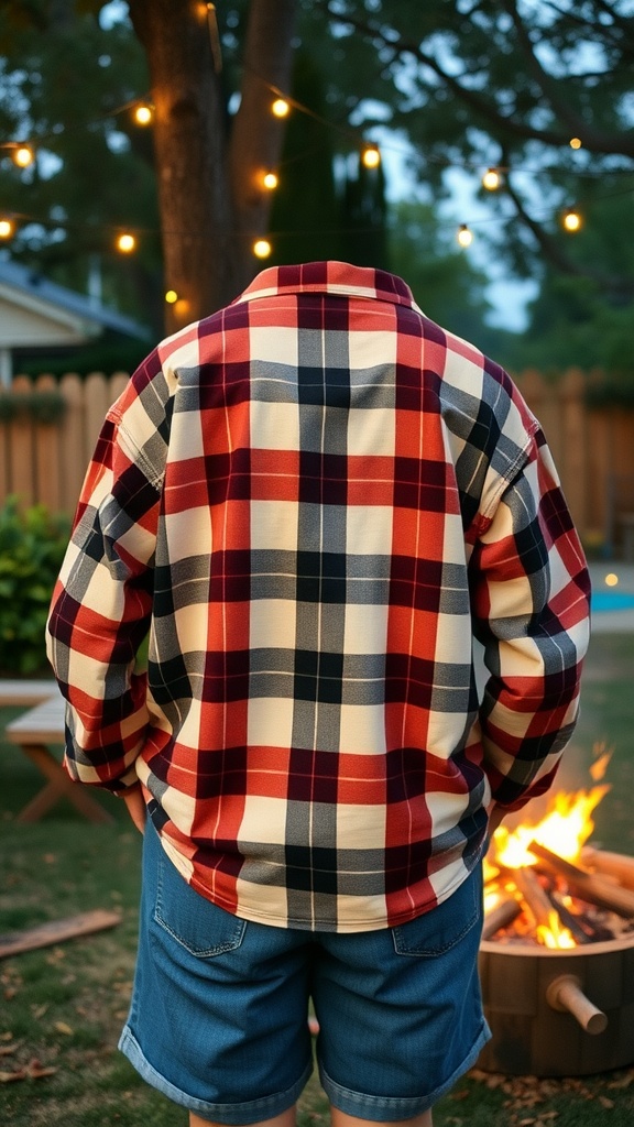 A person wearing an oversized flannel shirt and denim shorts, standing in a cozy outdoor setting by a fire.
