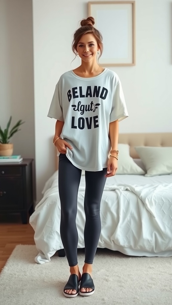 A person wearing an oversized graphic tee and leggings, standing in a cozy room.