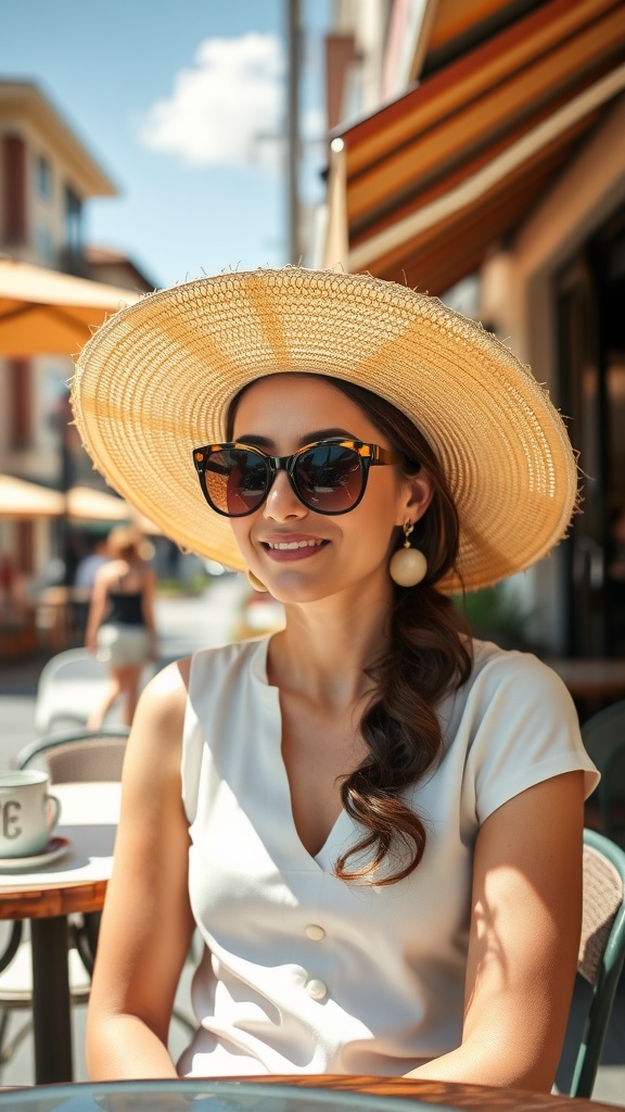 A woman sitting at a café wearing a wide-brimmed straw hat and oversized sunglasses, enjoying a sunny day.