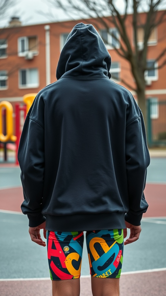 A person wearing a dark oversized hoodie and colorful bike shorts, standing in a playground area.