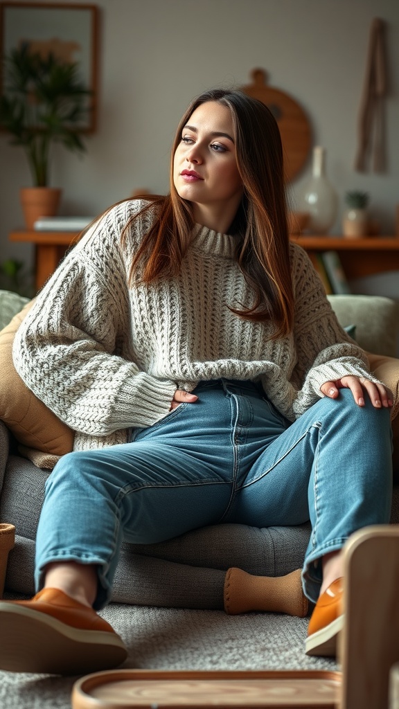 A woman wearing an oversized knit sweater and high-waisted jeans, sitting comfortably on a couch.