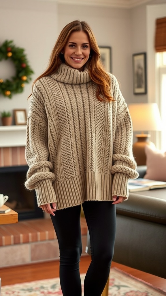 A smiling woman wearing a chunky knitted oversized sweater and black leggings, standing in a cozy living room.