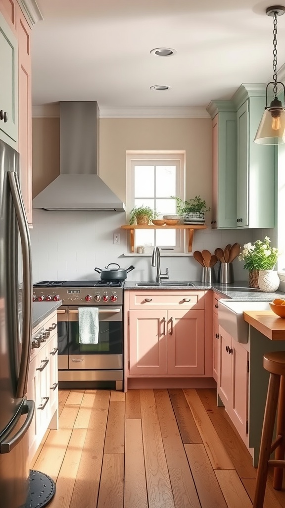 A bright farmhouse kitchen featuring pastel-colored cabinets and wooden flooring.