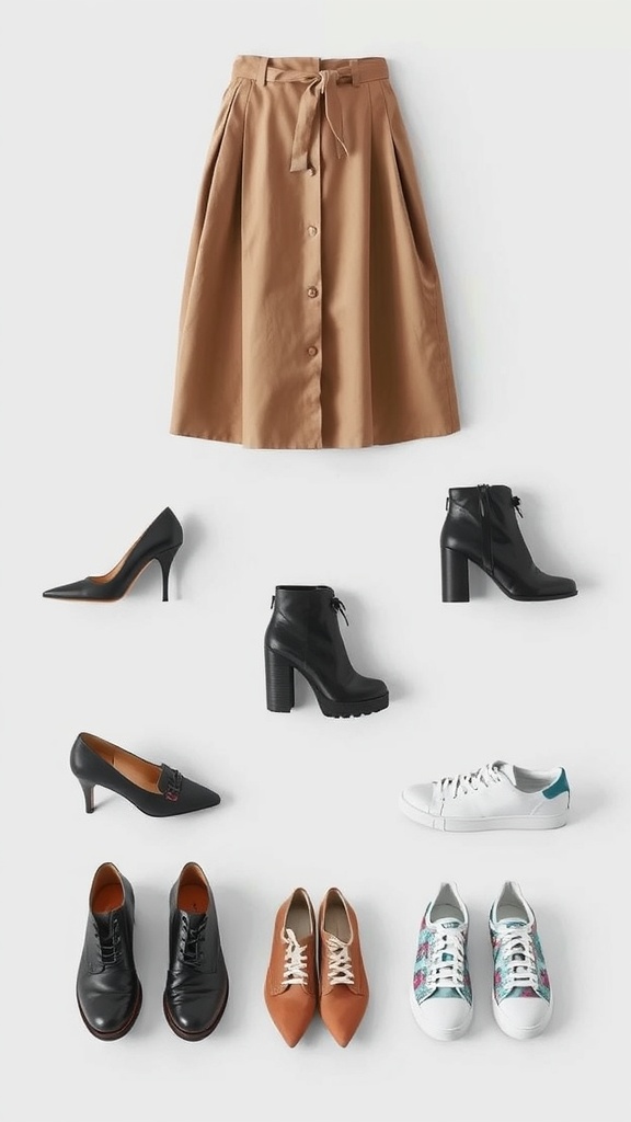 A beige A-line skirt with various footwear options including heels, ankle boots, sneakers, and oxfords.