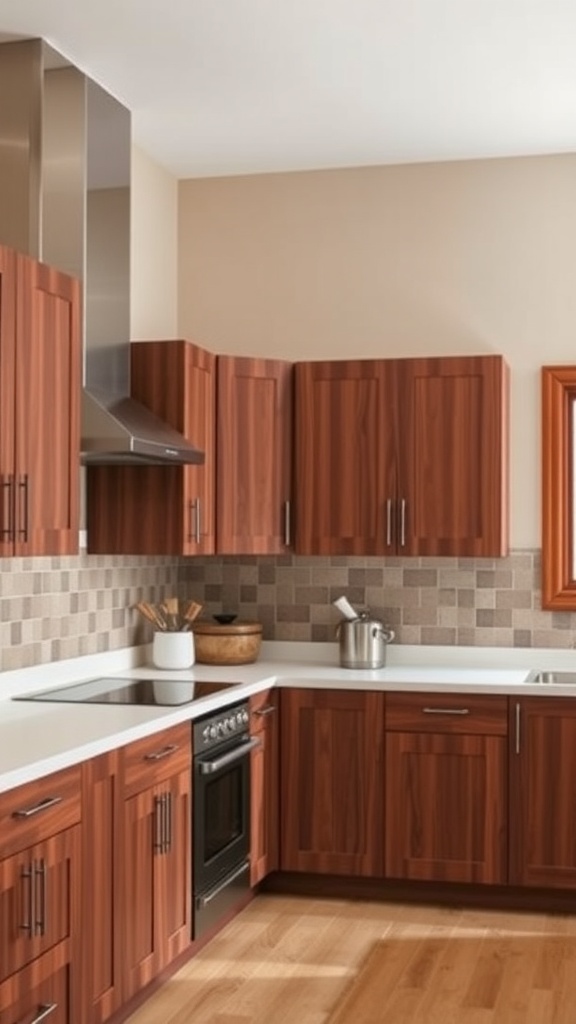 Brown kitchen cabinets paired with light countertops