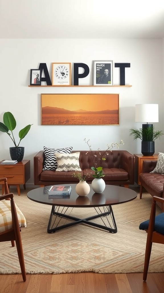A stylish living room featuring a mid-century modern coffee table, leather sofa, and a cozy rug.
