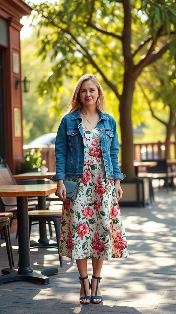 A woman in a floral skirt and denim jacket, standing outdoors near a cafe.