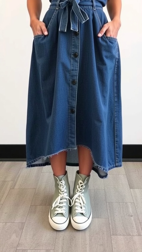 A person wearing a denim maxi skirt paired with green high-top sneakers, showing a casual and stylish look.