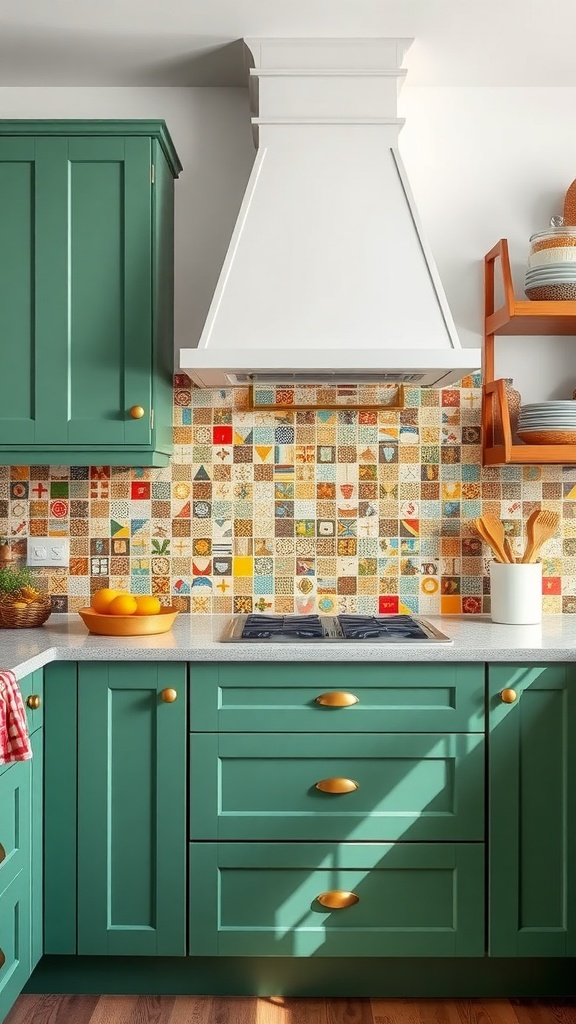 A kitchen featuring green cabinets and a colorful patterned backsplash.