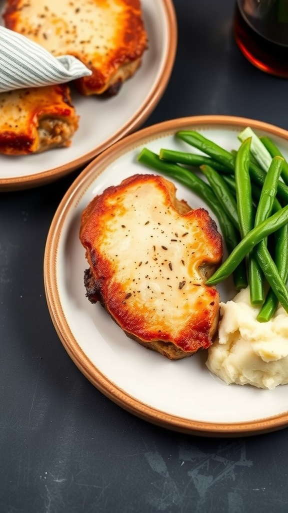 Delicious air fryer pork chops served with green beans and mashed potatoes