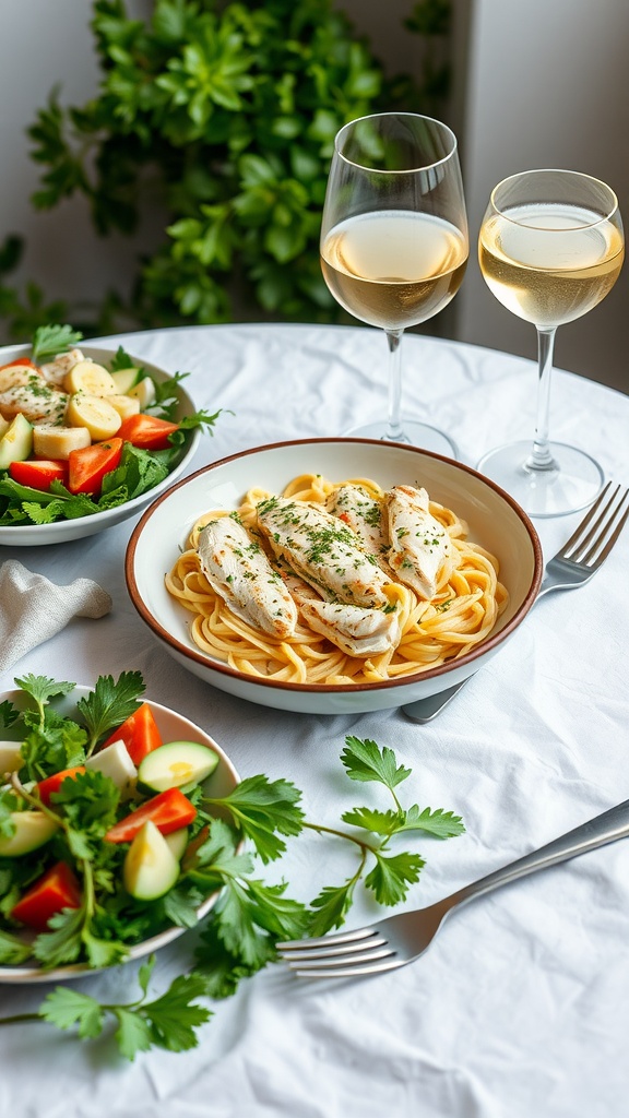 A bowl of chicken alfredo pasta with salad and two glasses of white wine on a table.