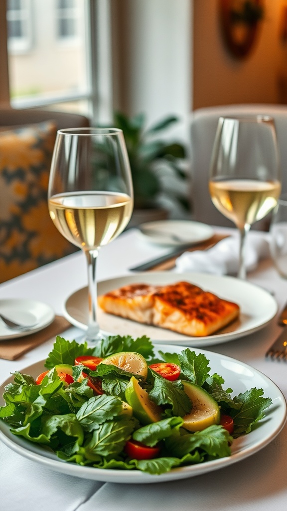 A beautifully plated dish of grilled salmon with salad and wine.