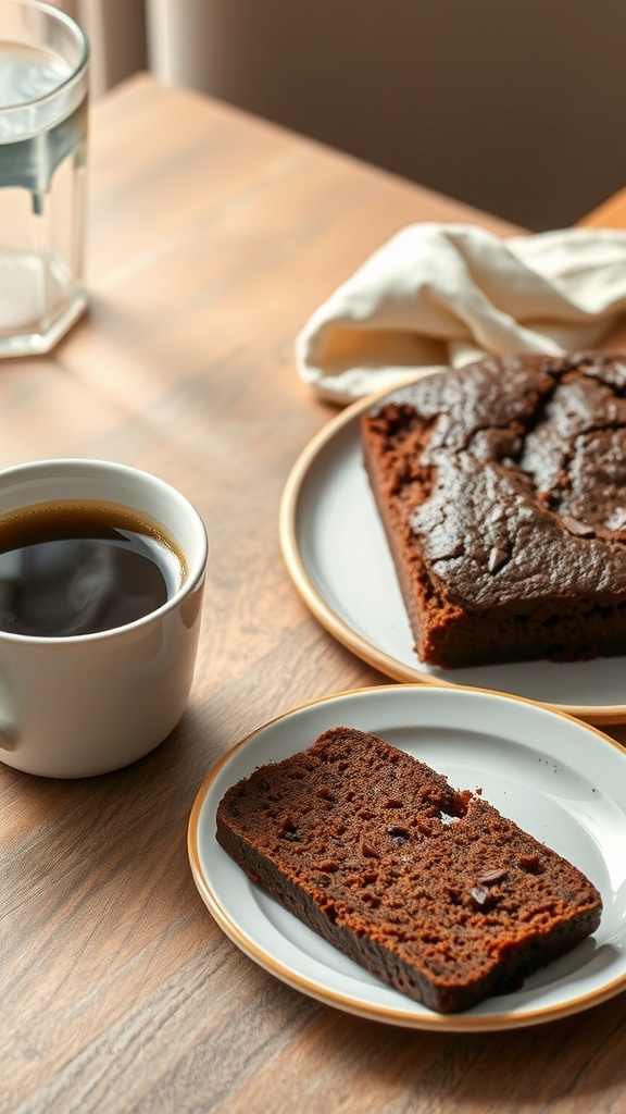 A slice of chocolate banana bread on a plate next to a cup of coffee.