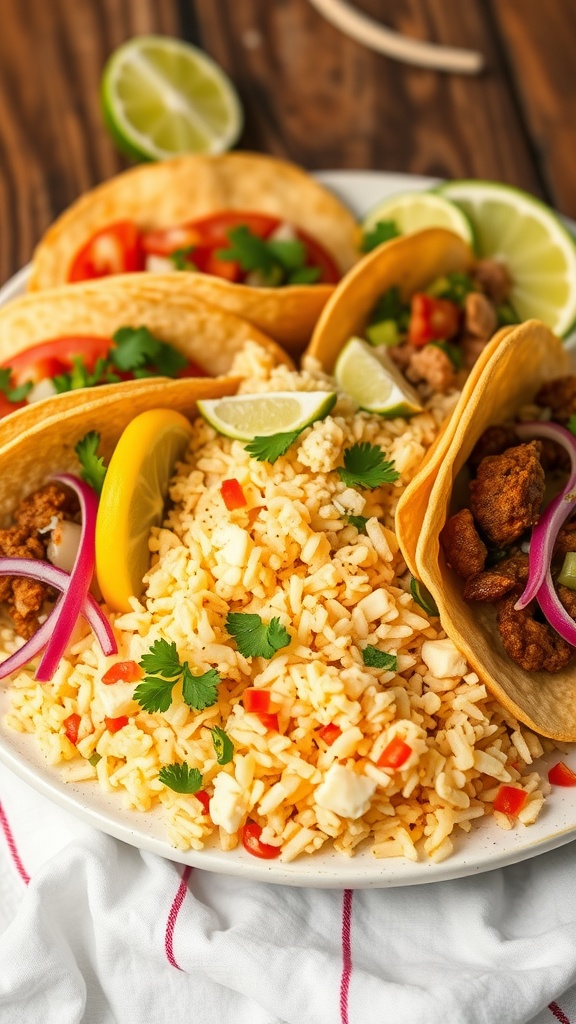 A plate of cilantro lime rice with tacos and lime wedges.