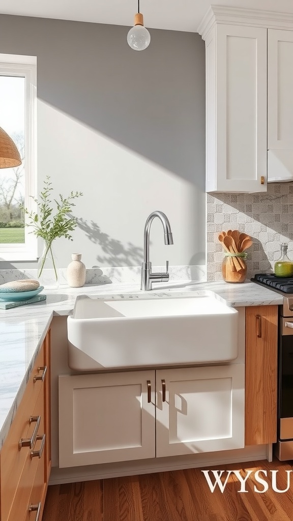 A modern farmhouse kitchen with a white farmhouse sink, sleek faucet, marble countertops, and wooden cabinets.