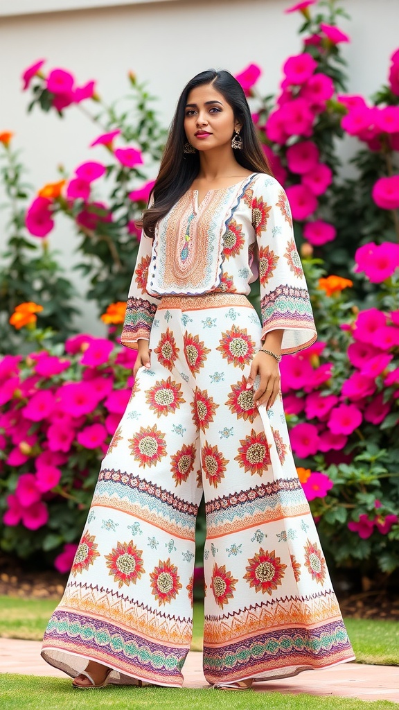 A woman in a floral printed palazzo set with a matching top, standing in front of colorful flowers.