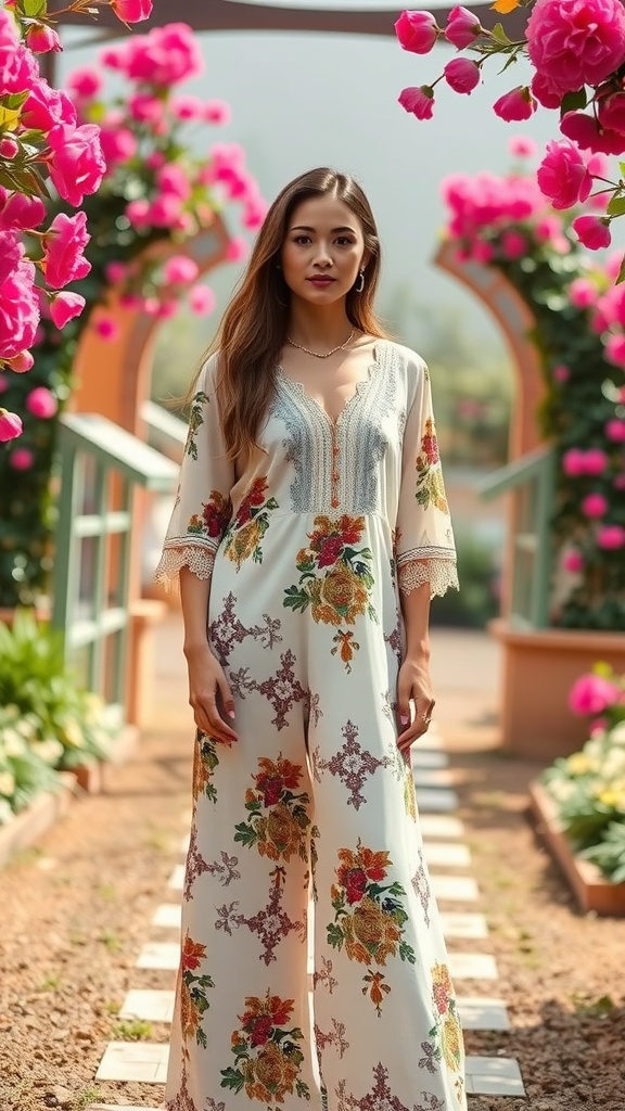 A woman wearing a floral ethnic palazzo set, surrounded by pink flowers.