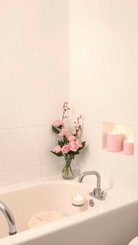A serene pink bathroom setting with a bathtub, pink flowers, and candles.