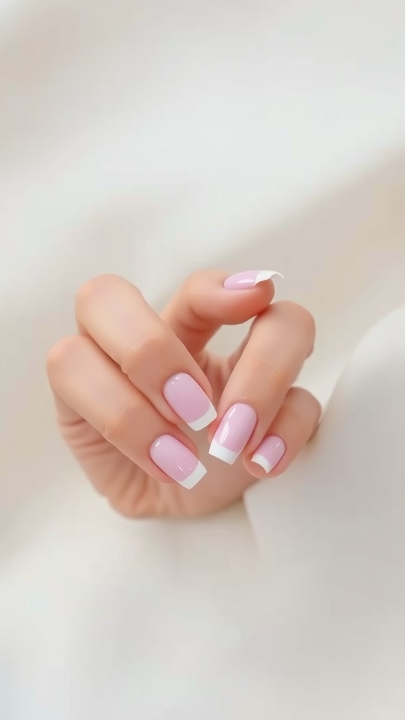 Pastel pink square French nails with white tips