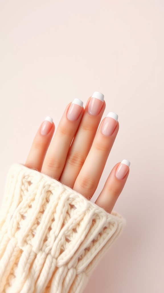 A hand with almond-shaped nails featuring pastel pink polish and white French tips, resting on a cozy cream-colored sweater.