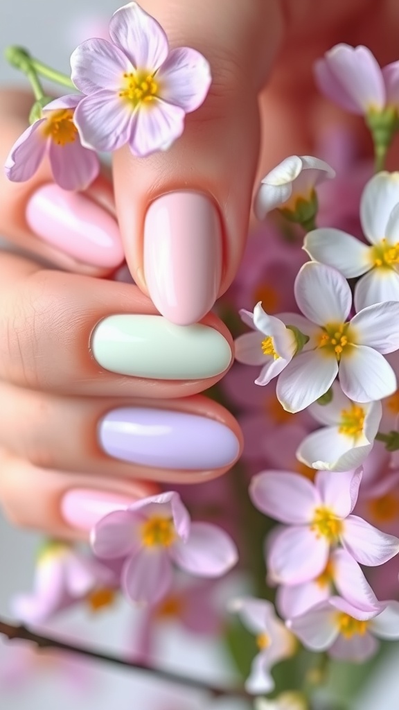 A hand with pastel almond nails in pink, green, and lavender, surrounded by delicate flowers.