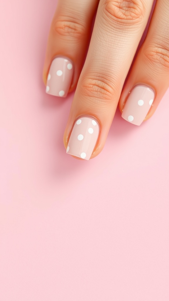 Nails painted in a pastel base with white polka dots on a pink background