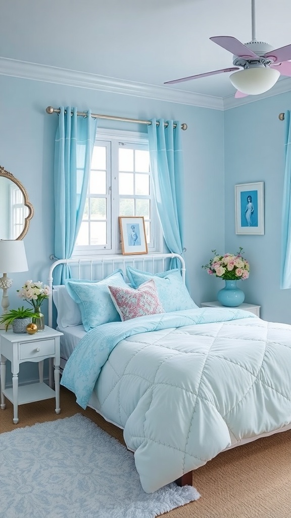 A pastel blue bedroom featuring soft blue walls, a cozy bed with decorative pillows, and light curtains.