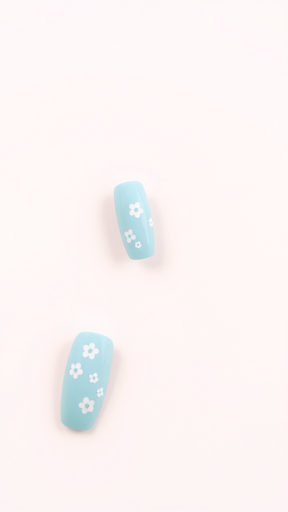 Two pastel blue nail tips with white floral designs on a light background