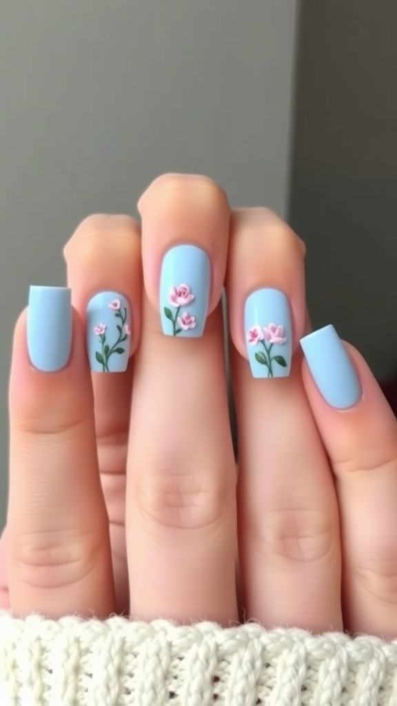 Nails painted light blue with pink floral art